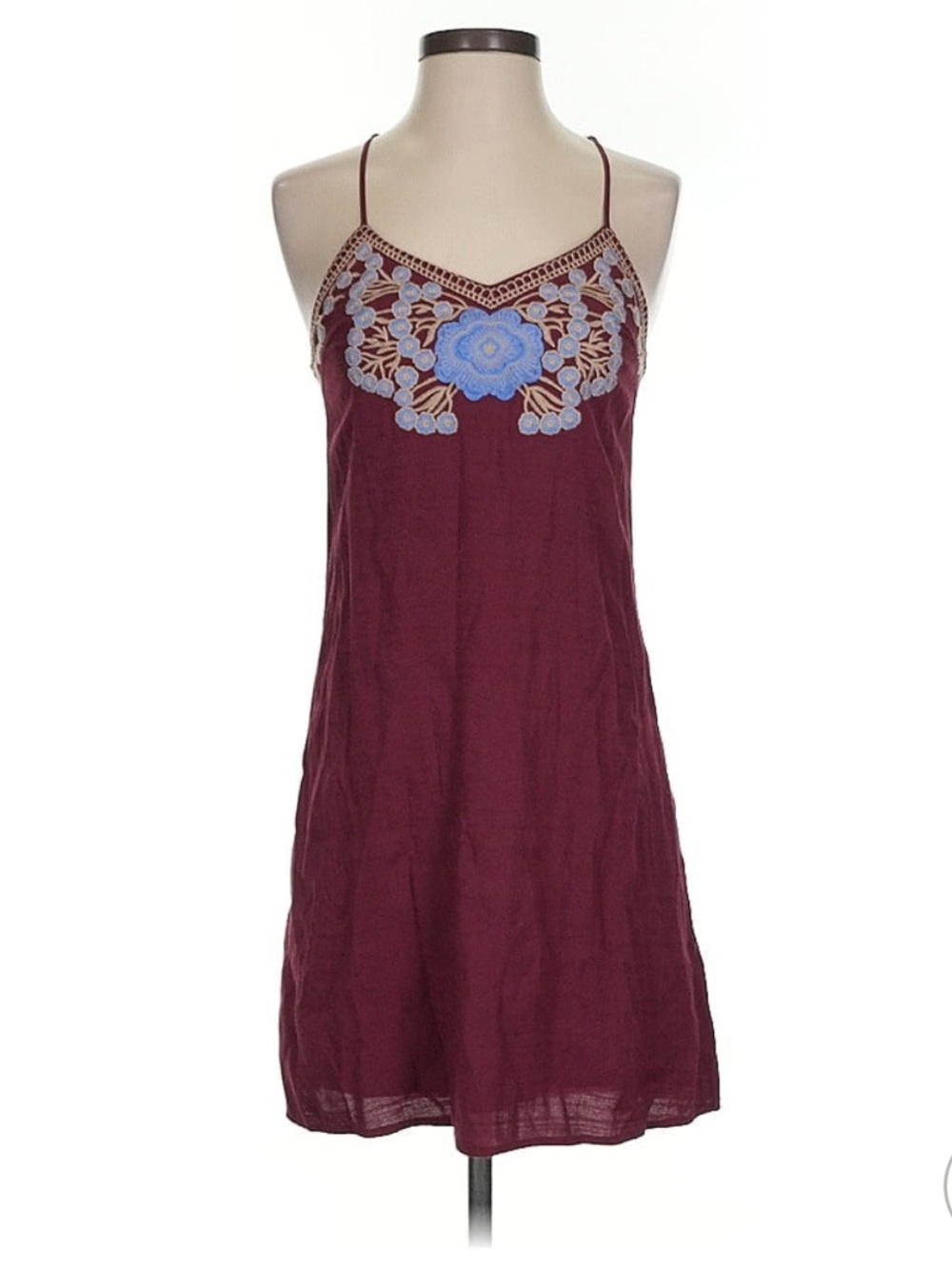 Blue Rain Burgundy Slip Dress with Blue Floral Embroidery